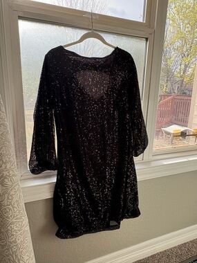 LOFT Black Sequin Long Sleeve Tunic Dress